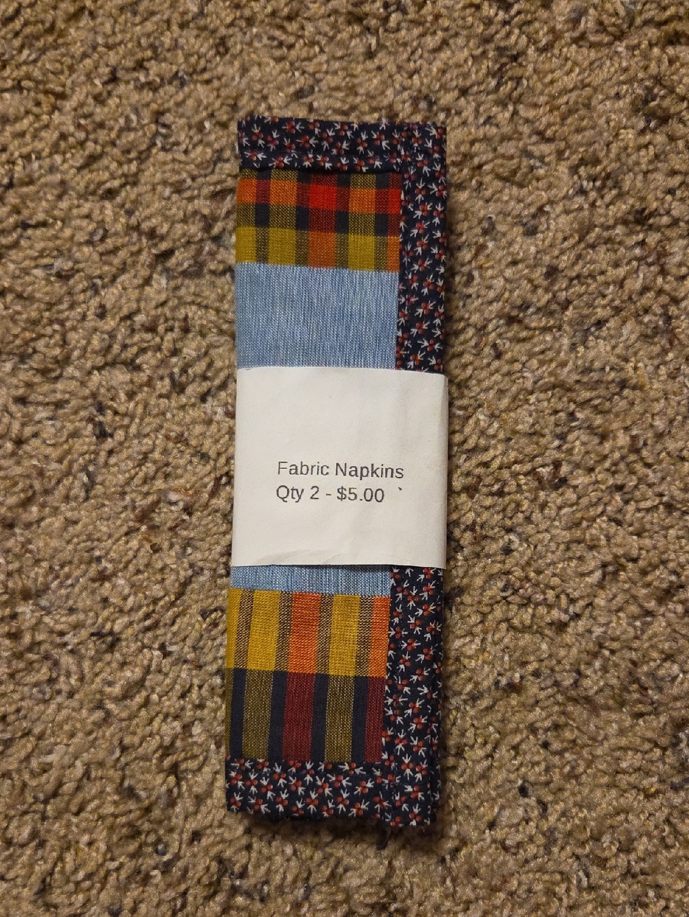 Set of 2 Fabric Napkins - Multi Color Plaid & Floral Trim